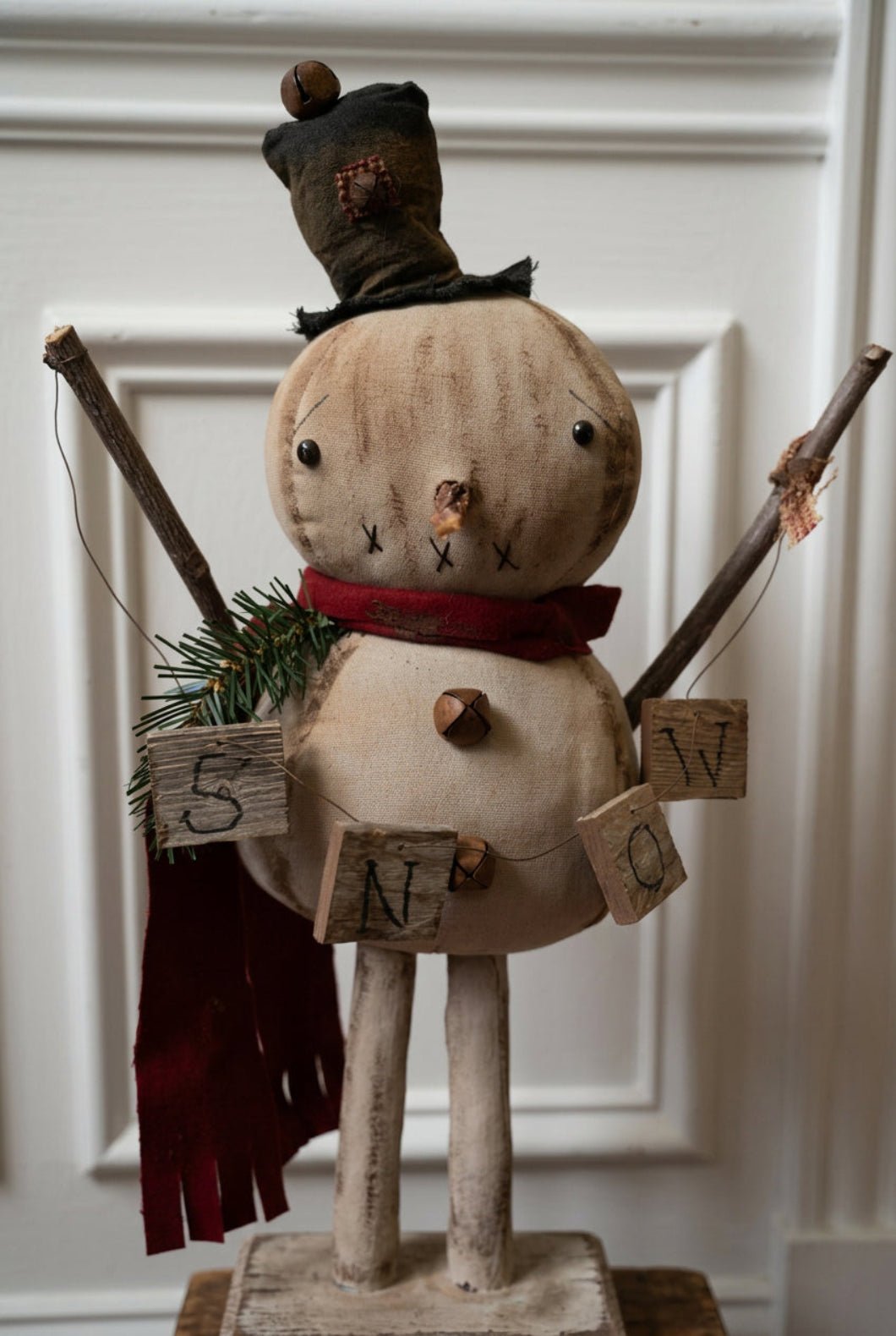 Primitive Handcrafted Phil Snowman with SNOW Banner | 23" Folk Art - The Primitive Pineapple Collection