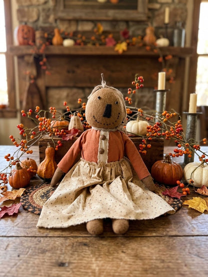 Primitive Fall Halloween Handcrafted 16" Pippa Pumpkin Girl Doll