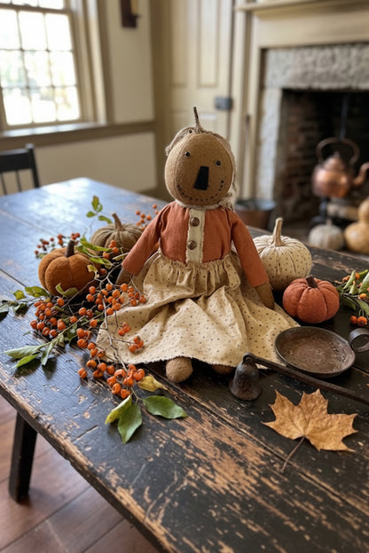 Primitive Fall Halloween Handcrafted 16" Pippa Pumpkin Girl Doll