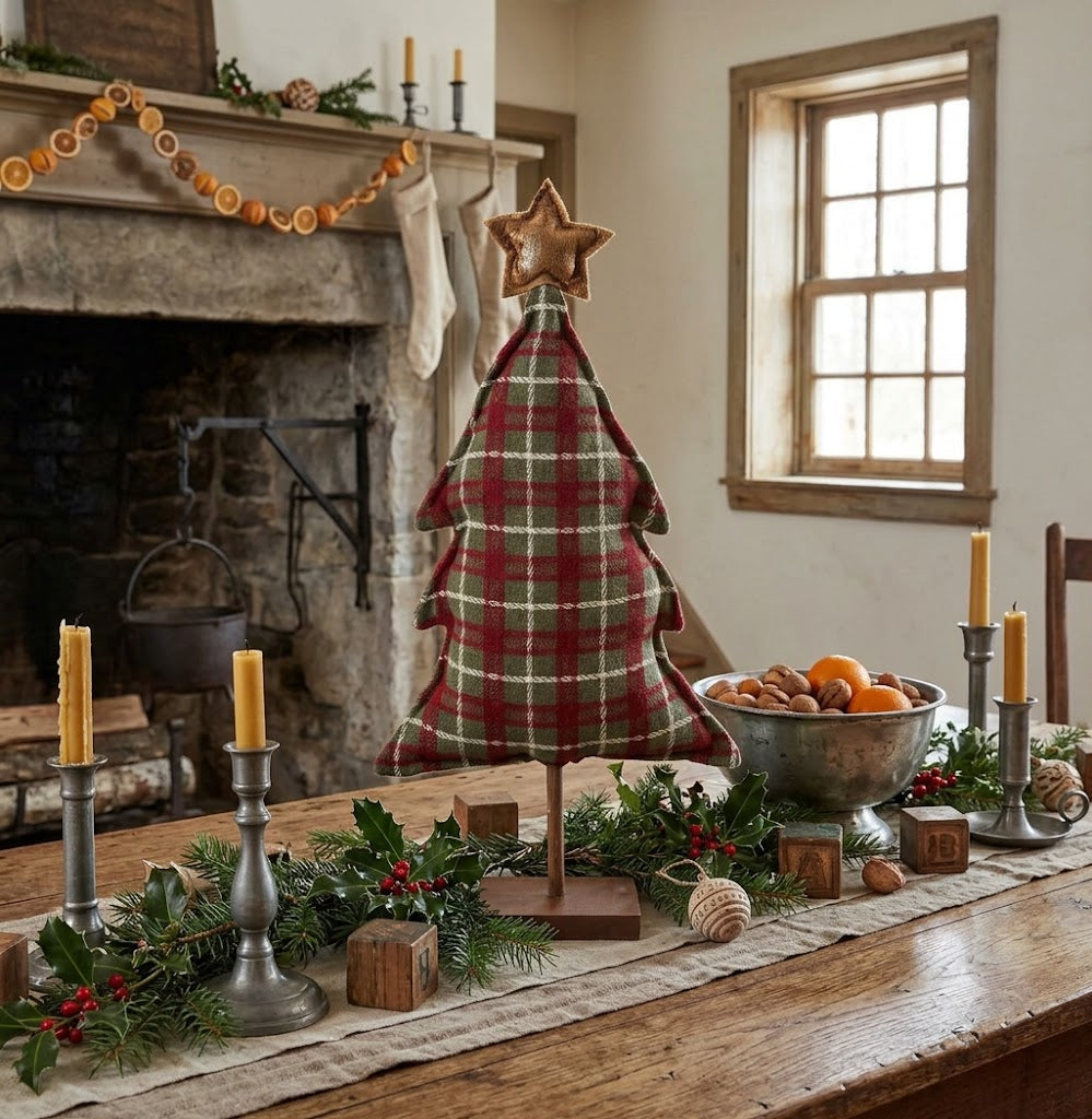 Farmhouse Christmas 18" Green &amp; Red Plaid Fabric Tree