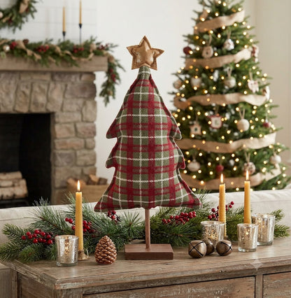 Farmhouse Christmas 18" Green &amp; Red Plaid Fabric Tree