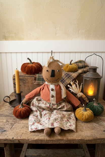 Primitive Fall Halloween Handcrafted 16" Poppy Pumpkin Girl Doll