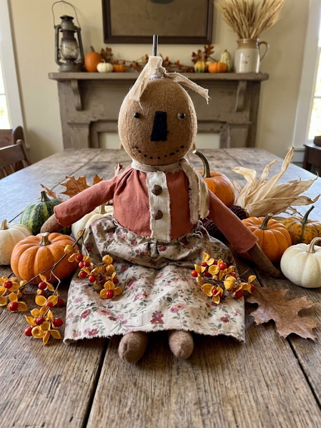 Primitive Fall Halloween Handcrafted 16" Poppy Pumpkin Girl Doll