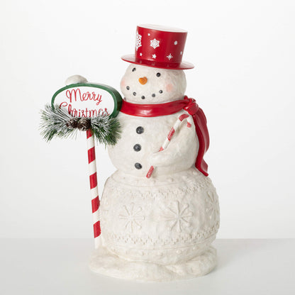 Christmas Jolly Snowman Figurine w/ Candy Cane Sign 18&quot; - The Primitive Pineapple Collection