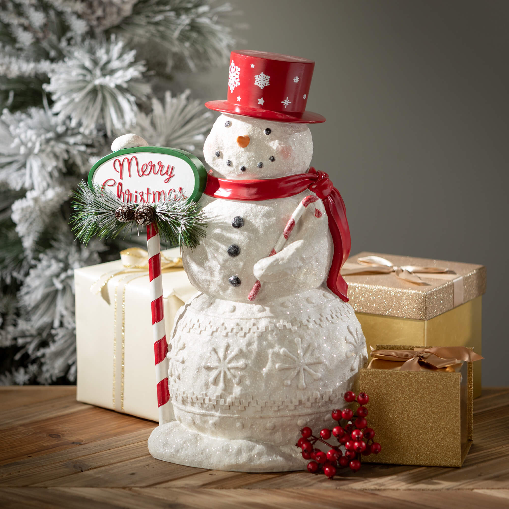 Christmas Jolly Snowman Figurine w/ Candy Cane Sign 18&quot; - The Primitive Pineapple Collection