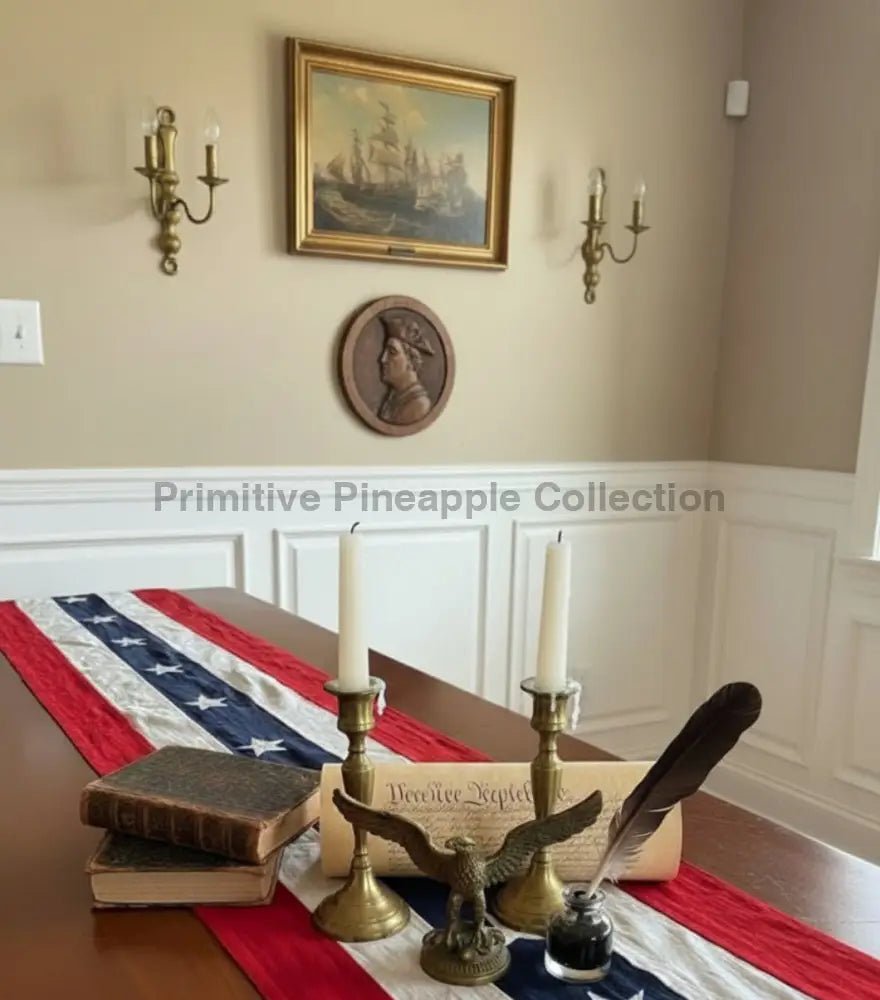 Primitive American Flag Table Runner - 32 Inch Vintage Patriotic Decor - The Primitive Pineapple Collection