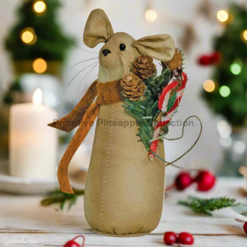 Primitive Christmas Mouse Doll w/ Candy Cane Shelf Sitter - The Primitive Pineapple Collection
