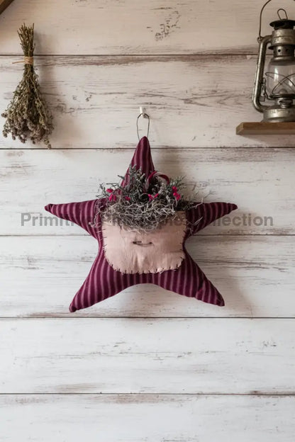 Primitive Christmas Red Ticking Star with Candy Cane 11" - The Primitive Pineapple Collection