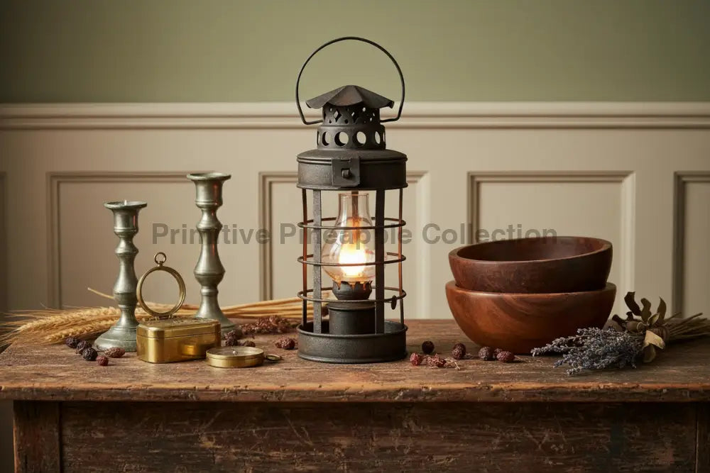 Primitive Colonial Electric Metal Coach Lantern Accent Table Light - The Primitive Pineapple Collection