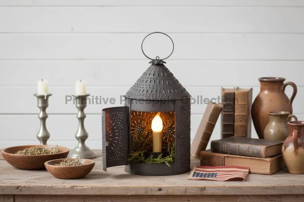 Primitive Colonial Electric Black 15 "Fireside Lantern Punched Tin - The Primitive Pineapple Collection