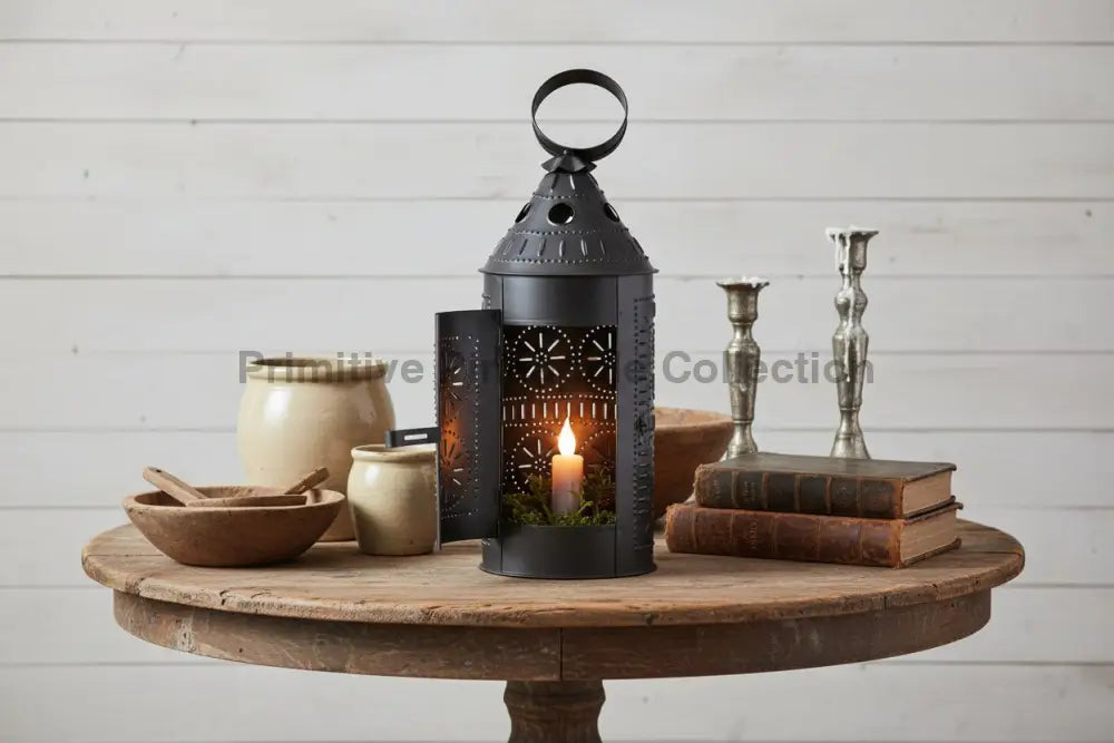 Primitive/Colonial Sturbridge 17 inch Candle Lantern Black Punched Tin - The Primitive Pineapple Collection