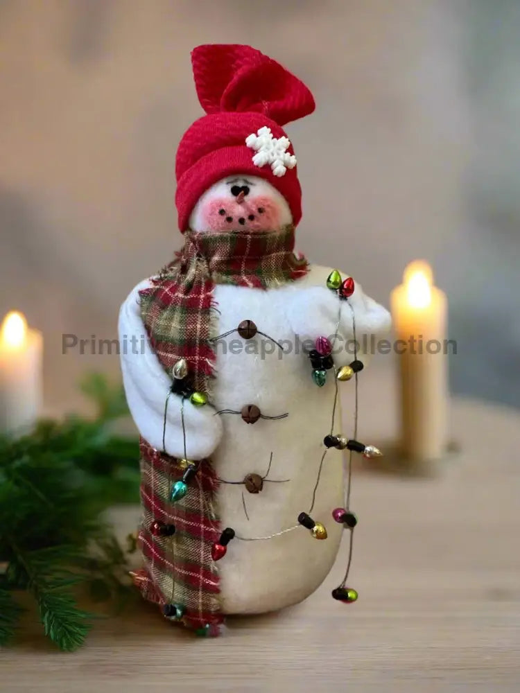 Primitive/Country Handmade Red Deck the Halls 8.75" Snowman w/ Christmas Lights - The Primitive Pineapple Collection
