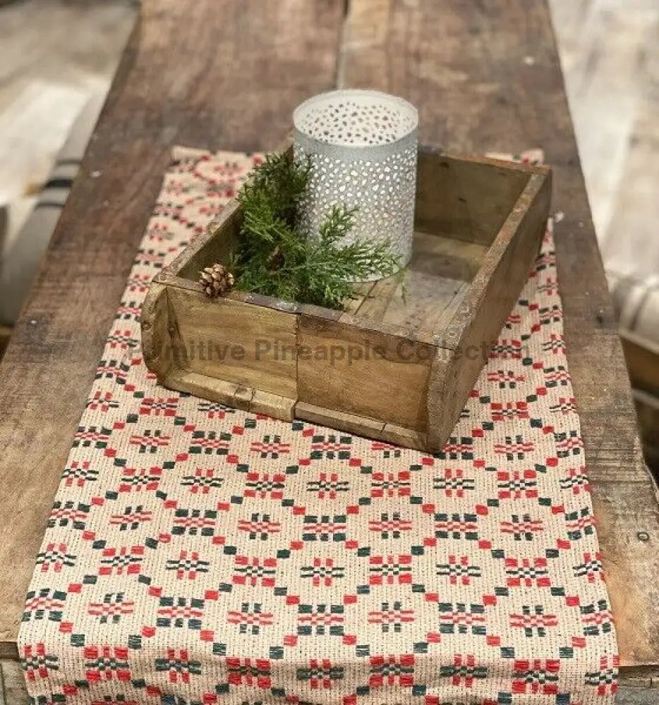 Primitive Country Snowfall 34" Red, Green, Beige Table Topper Textile Farmhouse - The Primitive Pineapple Collection