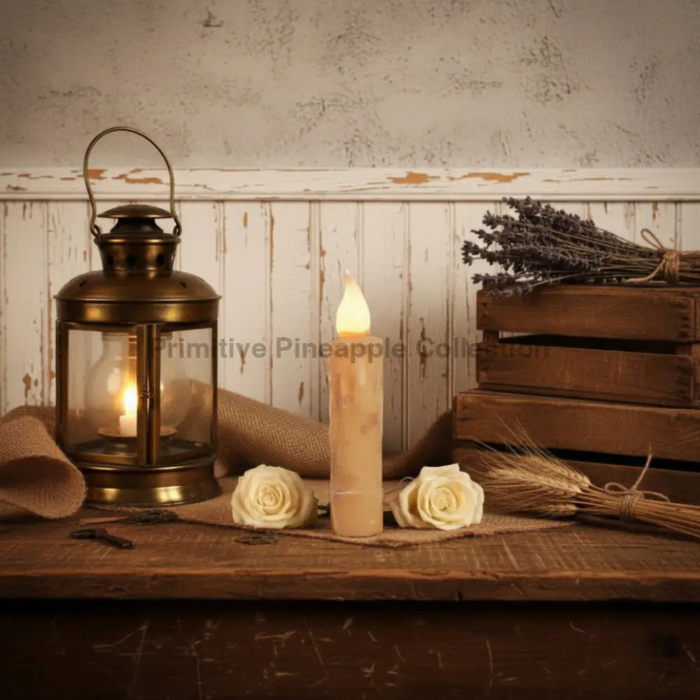 Primitive/Country 4" Battery Operated Cream Taper Candle W/Timer - The Primitive Pineapple Collection