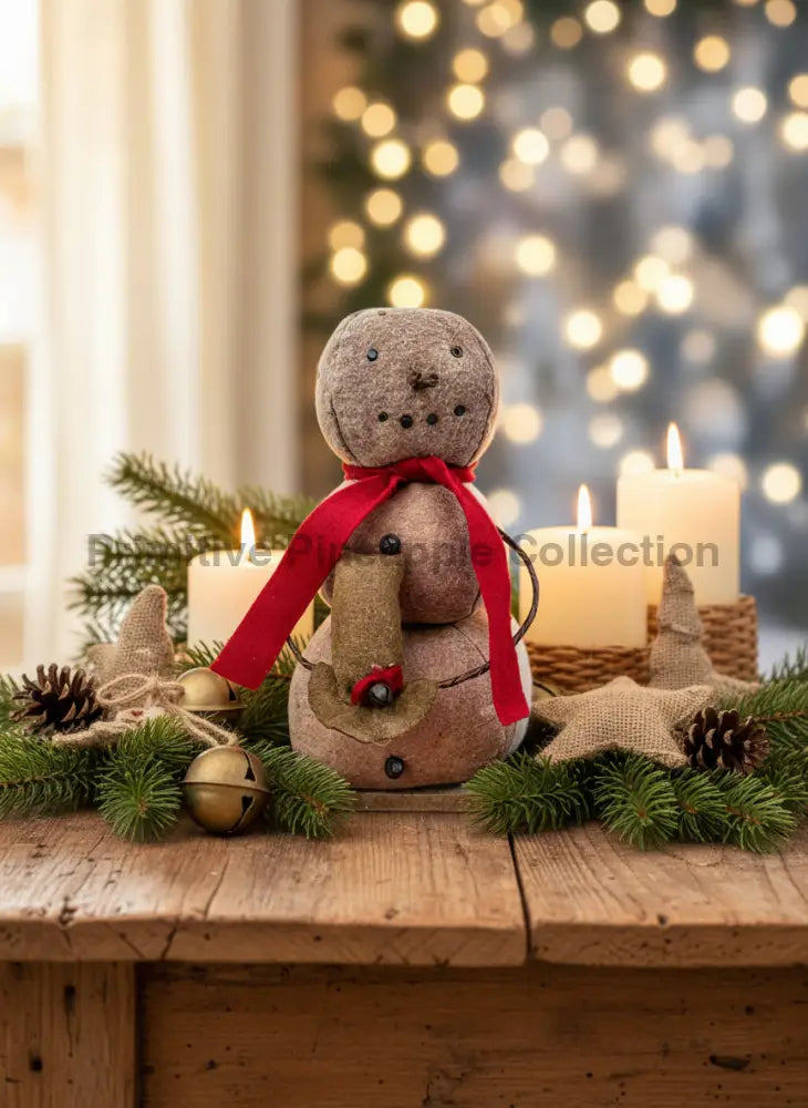 Primitive Farmhouse Christmas Rustic 11” Herbery Snowman wire arms Top Hat - The Primitive Pineapple Collection