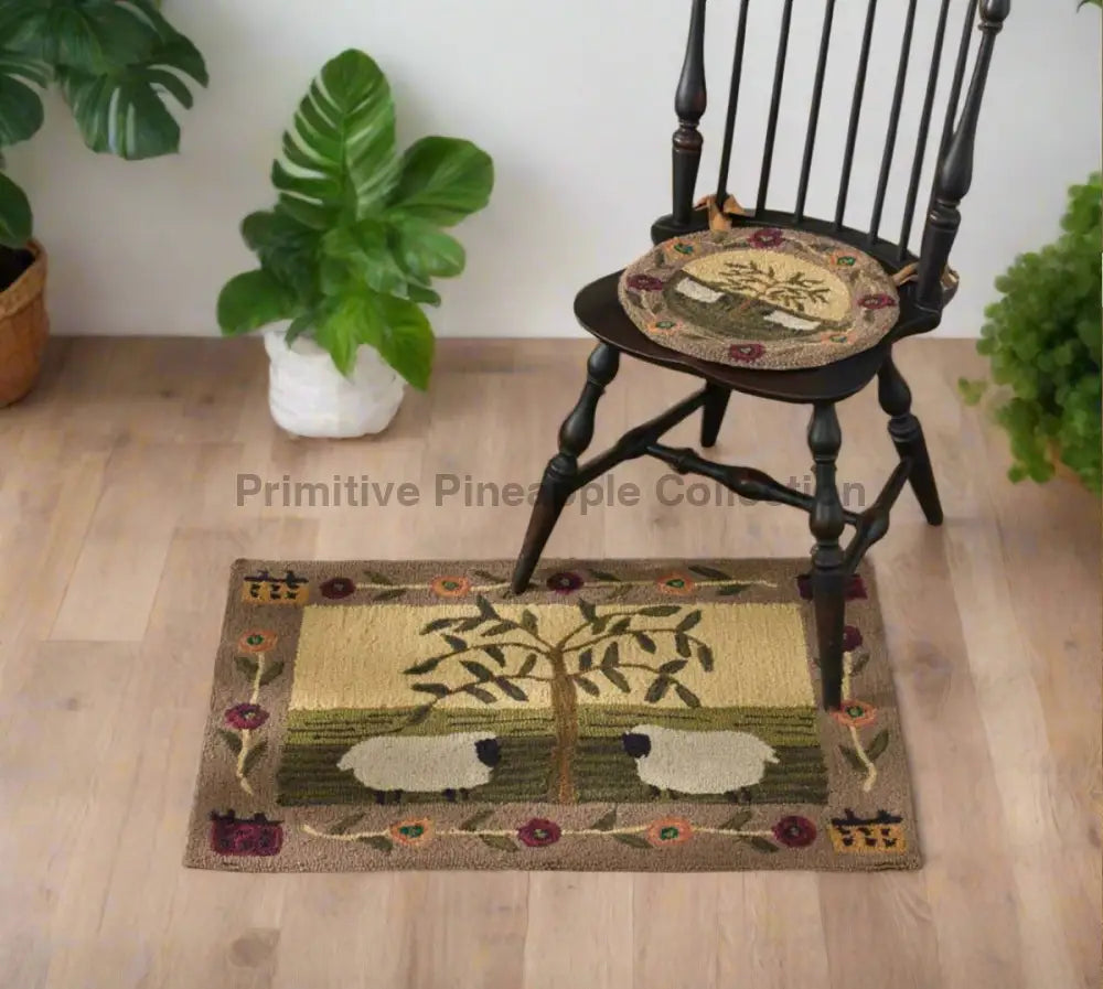 Primitive/Farmhouse Willow and Sheep Hooked Accent Rug 2x3 - The Primitive Pineapple Collection