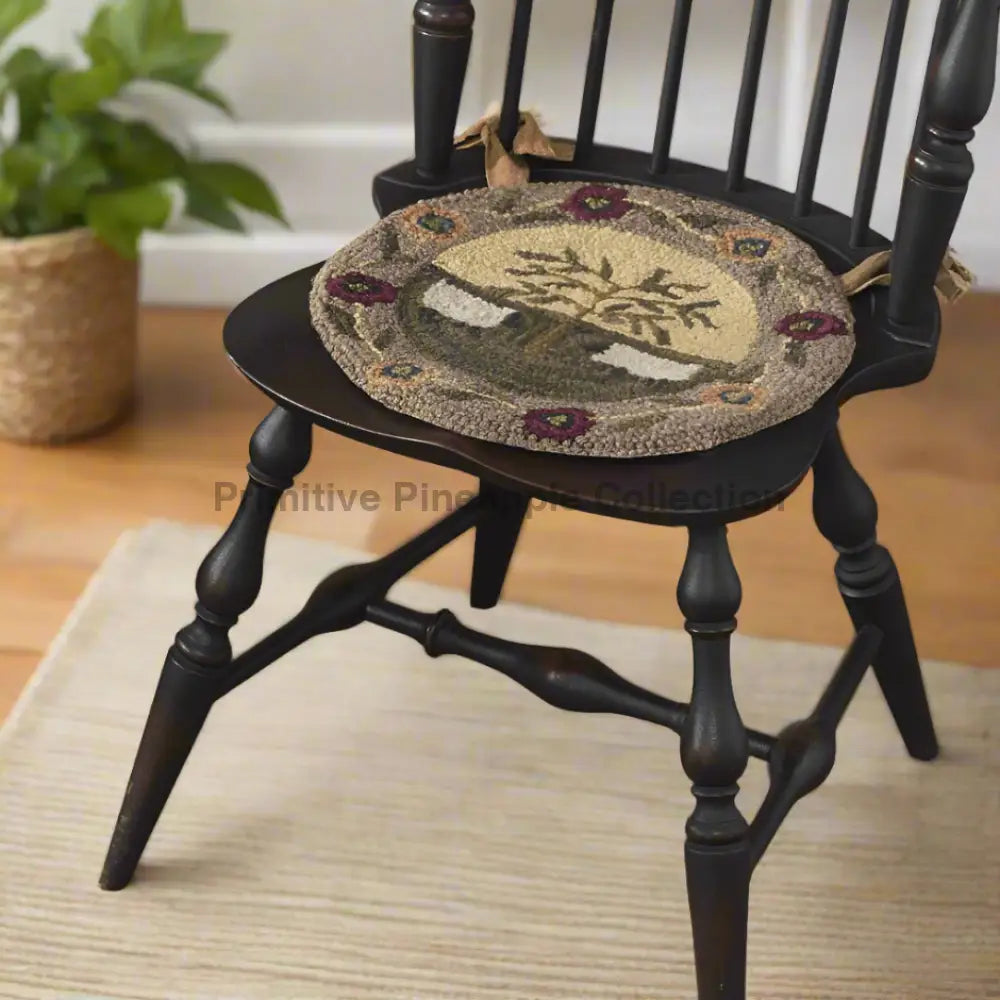 Primitive Farmhouse Willow &amp; Sheep Hooked Chair Pad 14.5" - The Primitive Pineapple Collection