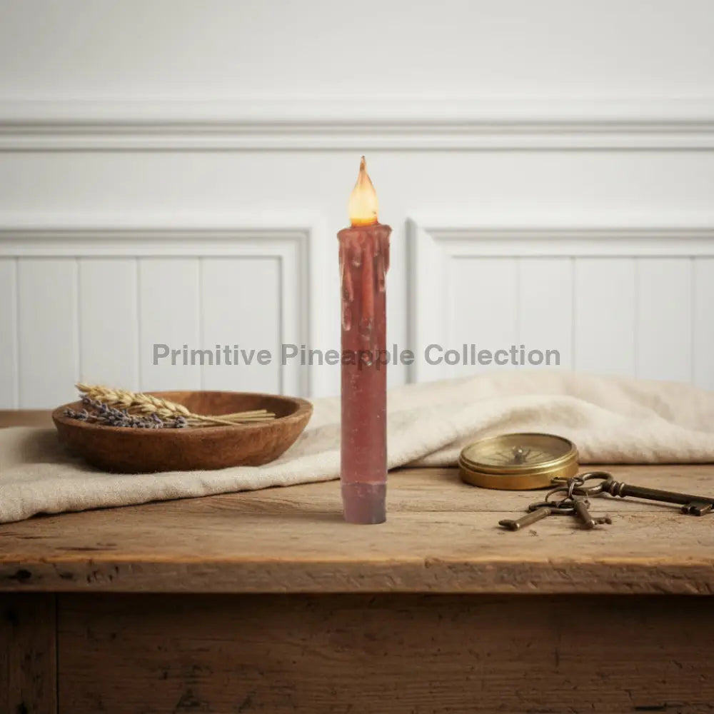 Primitive/Country Burgundy 7" Battery Operated Flameless Taper Candle W/ Timer - The Primitive Pineapple Collection