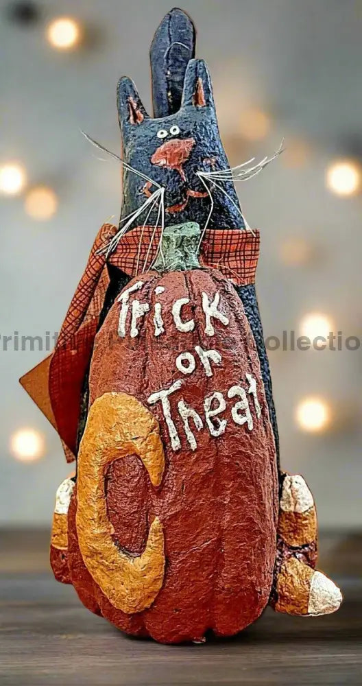 Primitive Halloween/Fall Trick or Treat Black Cat w/ Pumpkin Retro 7.25" - The Primitive Pineapple Collection