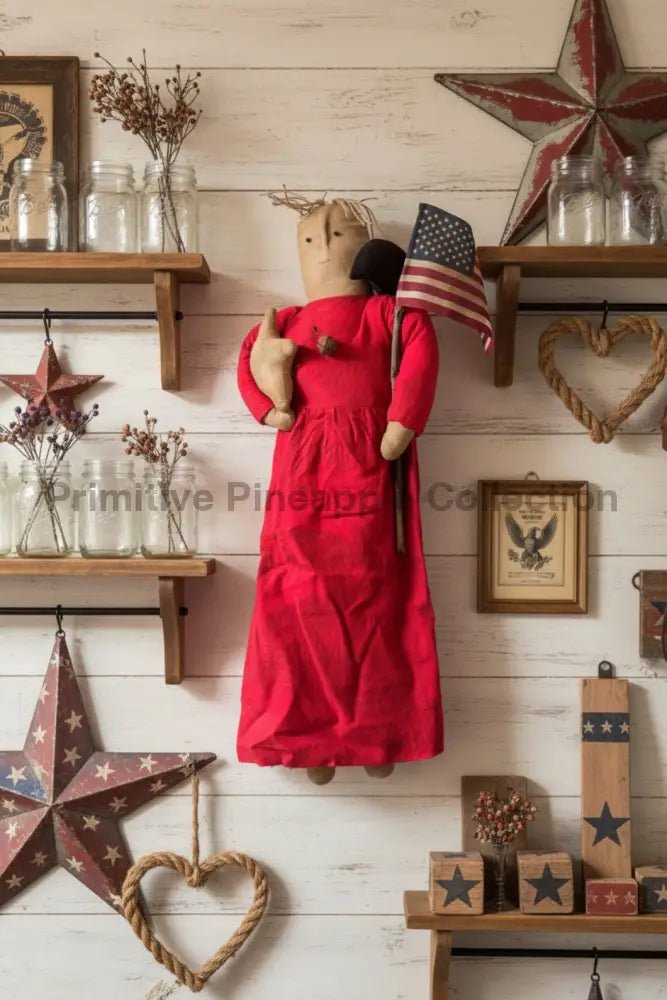 Primitive Handcrafted Hanging Patriotic Americana Patsy Doll w/ Flag 24" - The Primitive Pineapple Collection
