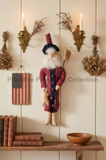 Primitive Handcrafted Hanging Patriotic Americana Striped Uncle Sam Doll w/ Flag 18" - The Primitive Pineapple Collection