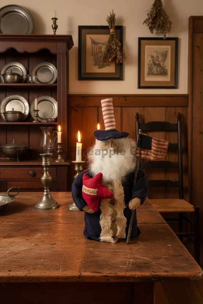 Primitive Handcrafted Patriotic Americana 1776 Uncle Sam Stump Doll w/ Flag - The Primitive Pineapple Collection