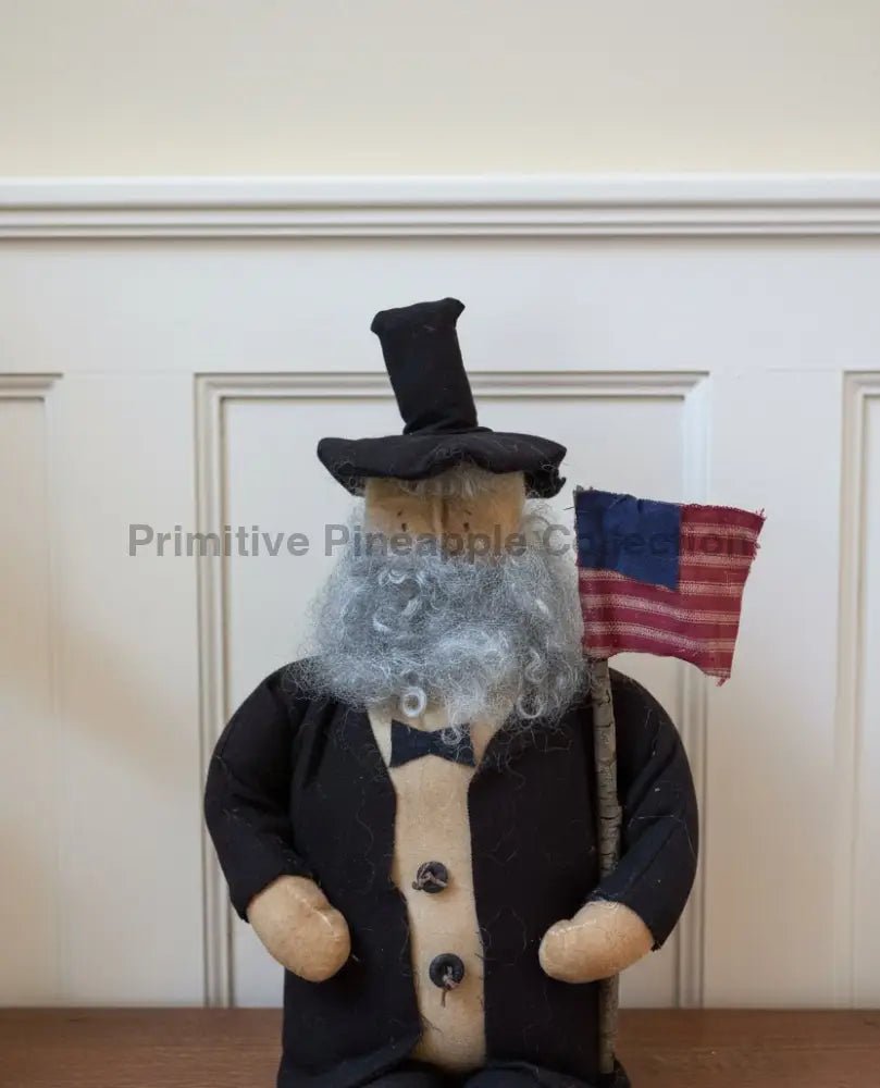 Primitive Handcrafted Patriotic Americana Abe Lincoln Stump Doll w/ Flag 12" - The Primitive Pineapple Collection