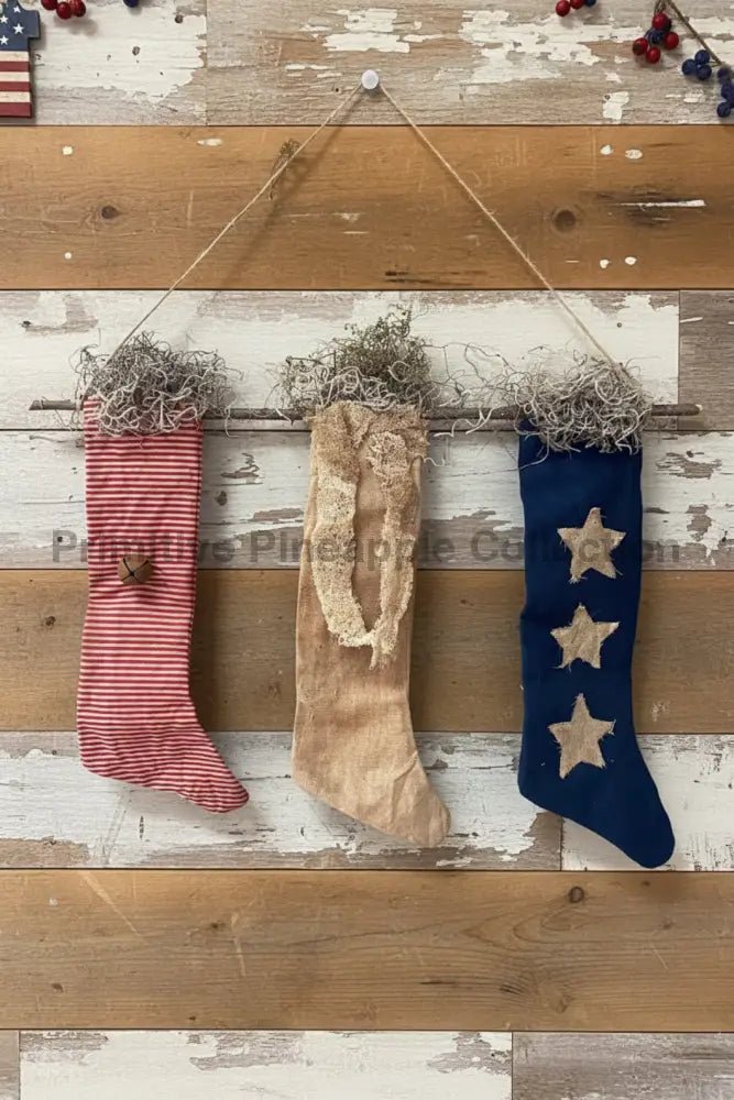 Primitive Handcrafted Patriotic Americana Trio Stocking Hanger w/ Sweet Annie - The Primitive Pineapple Collection