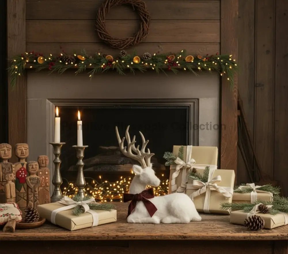 Primitive Ragon House Christmas 15" Cream Felt Deer w/ Ribbon Figurine - The Primitive Pineapple Collection