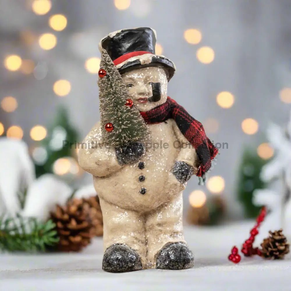 Primitive Ragon House Christmas 8" Face Snowman w/ Bottle Brush Tree - The Primitive Pineapple Collection
