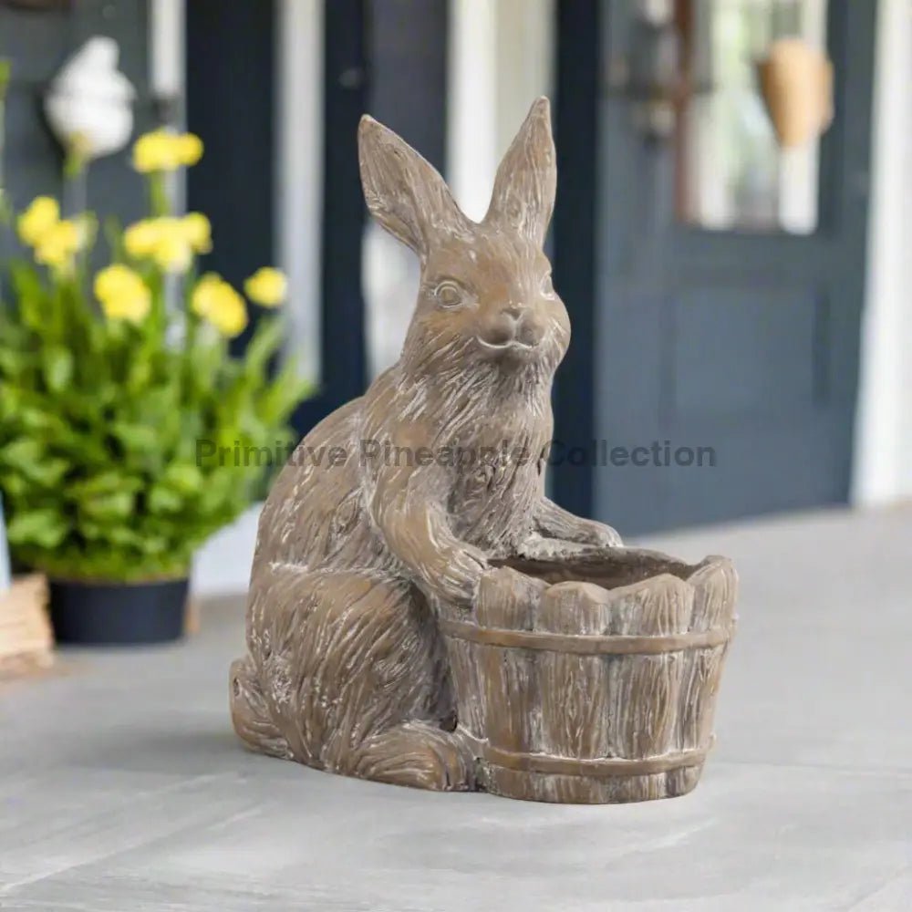 Primitive Ragon House Vintage Look 14" Bunny w/ Basket Statue - The Primitive Pineapple Collection