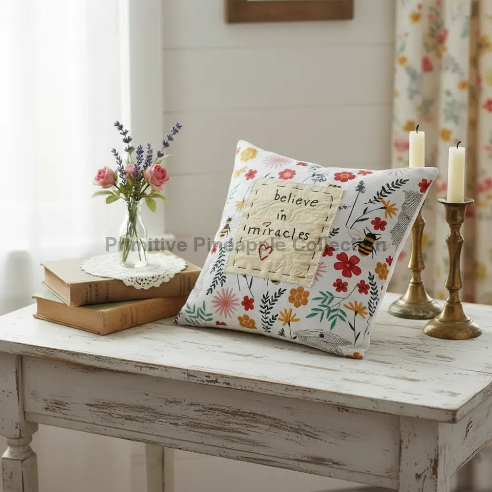 Primitive Handmade Believe in Miracles Accent Pillow Floral Fabric 7" X 7" - The Primitive Pineapple Collection