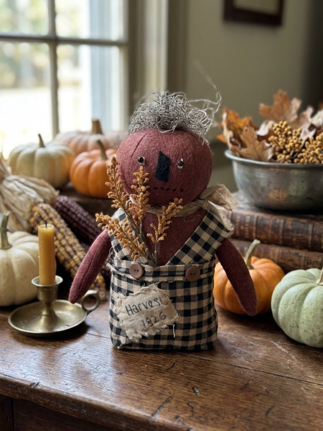 Primitive Fall Halloween Handcrafted 13" Peter Pumpkin Boy Stump Doll