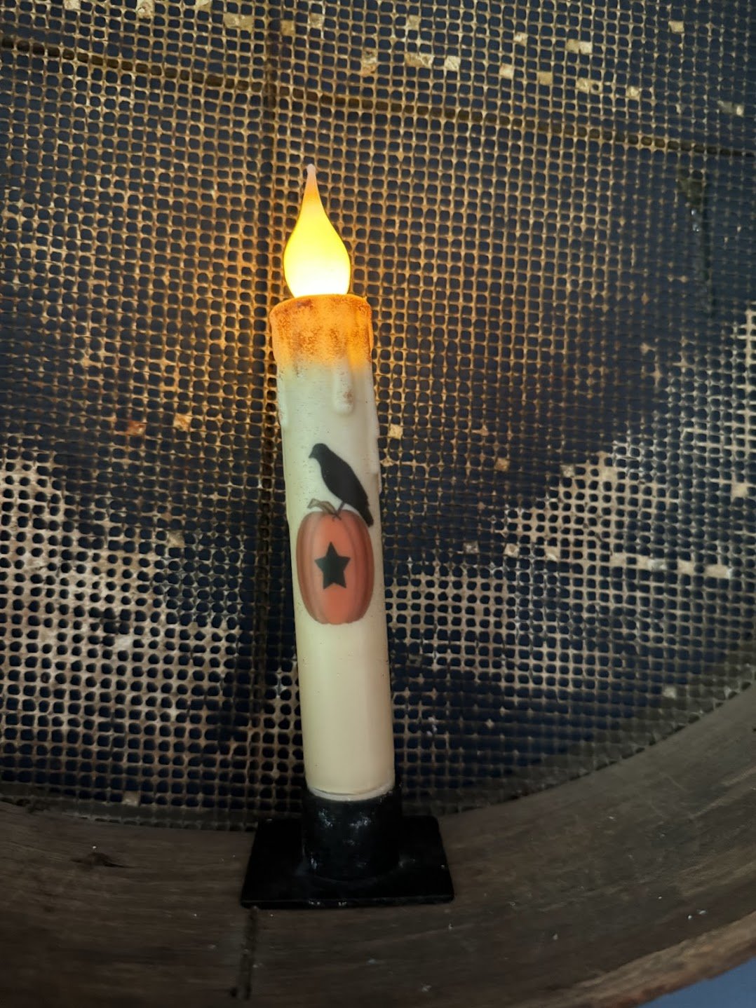 Primitive Handcrafted 7" Pumpkin W/Crow Battery Led Timer Taper Candle - The Primitive Pineapple Collection