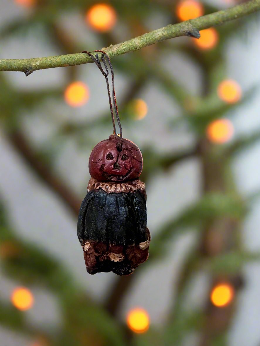 Primitive Halloween Fall Handcrafted USA Pumpkin Girl Ornament 3&quot;