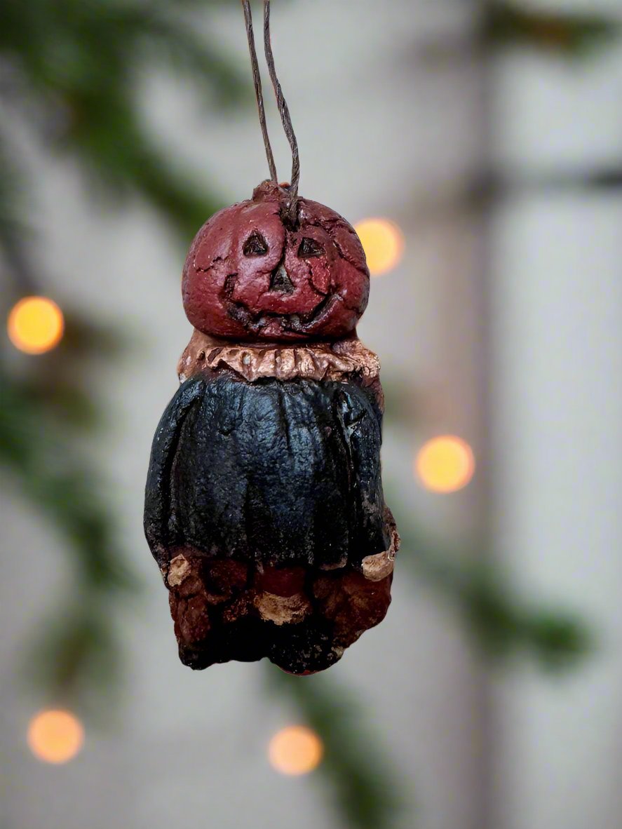 Primitive Halloween Fall Handcrafted USA Pumpkin Girl Ornament 3&quot;