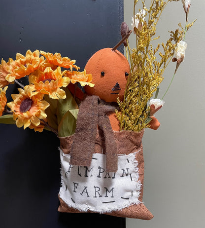 Primitive Handcrafted Halloween 12&quot; Pumpkin Man in Hanging Fabric Pouch - The Primitive Pineapple Collection