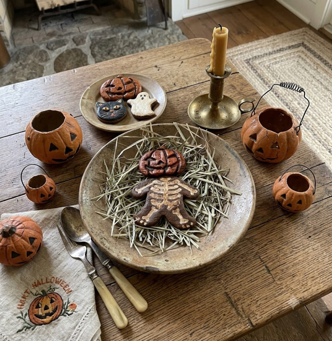 Primitive Faux Halloween Jack O Lantern Skeleton Cookie Bowl Fillers 5"