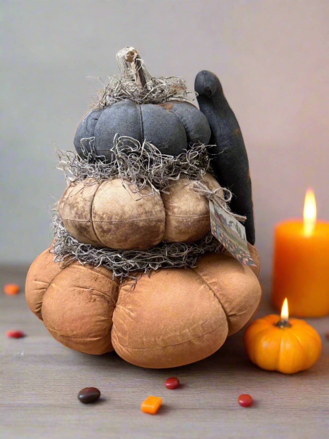 Primitive Folk Art USA Halloween Grungy Pumpkin Stack with Crow 12" - The Primitive Pineapple Collection