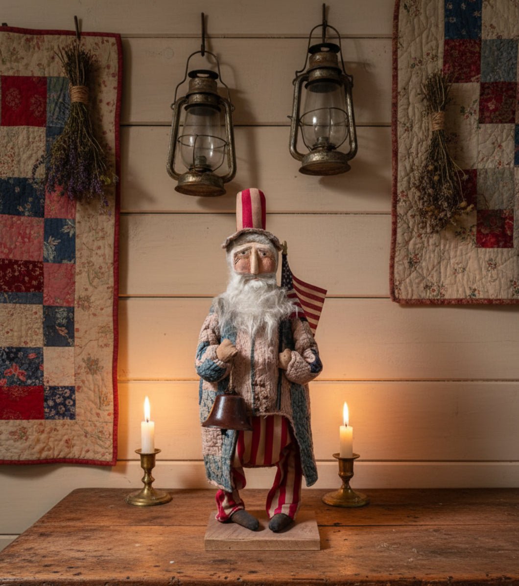 Handcrafted by Michelle Early American Quilted Chubby Uncle Sam Clay Face Doll Stand 22" - The Primitive Pineapple Collection