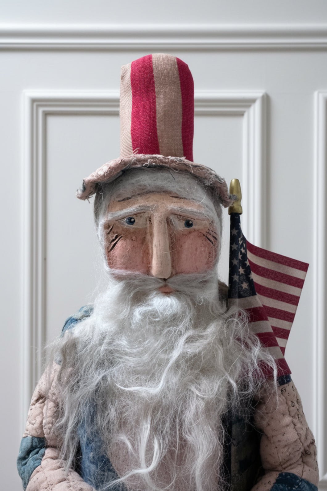 Handcrafted by Michelle Early American Quilted Chubby Uncle Sam Clay Face Doll Stand 22" - The Primitive Pineapple Collection