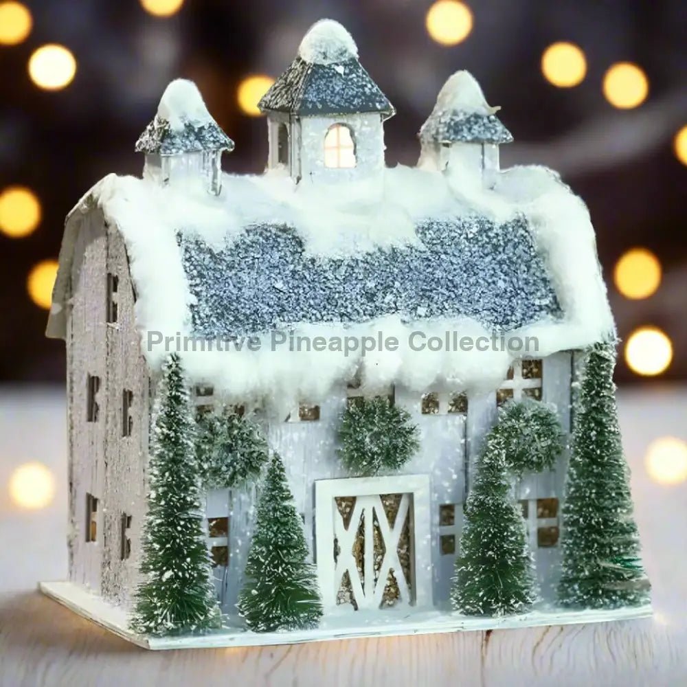 Ragon House Christmas 7” Light Up Putz Style Barn White Bottle Brush tree Wreath - The Primitive Pineapple Collection