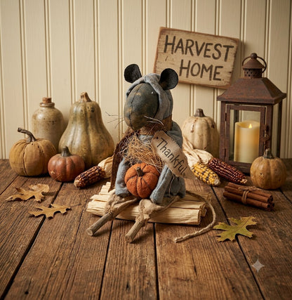 Primitive Handcrafted Fall Remmi The Thankful Rat w/ Pumpkin 11" | Folk Art