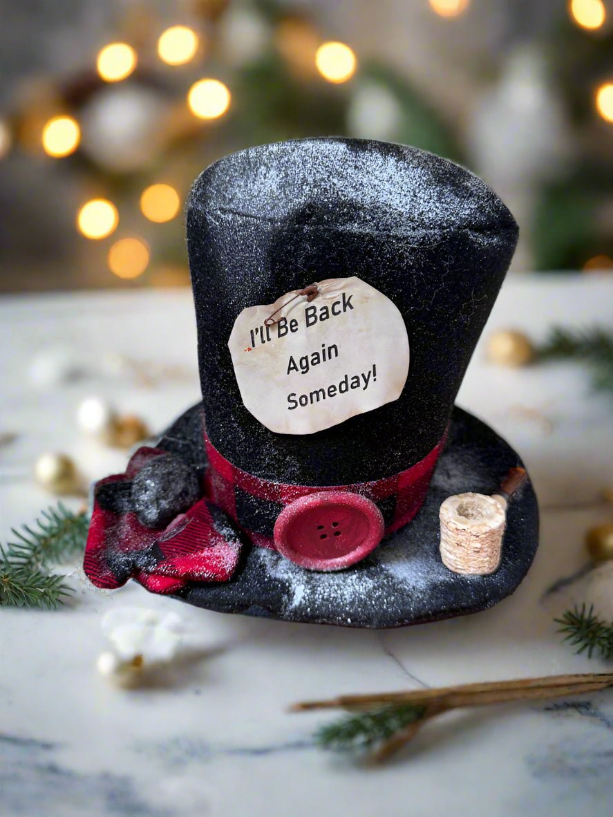 Handcrafted Christmas Red Check Frosty The Snowman Top Hat w/ Pipe and Mittens - The Primitive Pineapple Collection