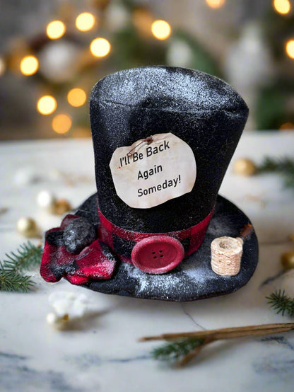 Handcrafted Christmas Red Check Frosty The Snowman Top Hat w/ Pipe and Mittens - The Primitive Pineapple Collection