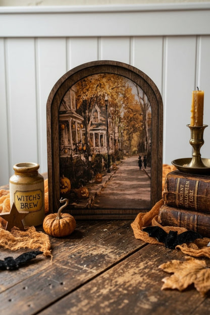 Handcrafted Retro 8" Canvas on Wood Arch Top Halloween Street Framed Art - The Primitive Pineapple Collection