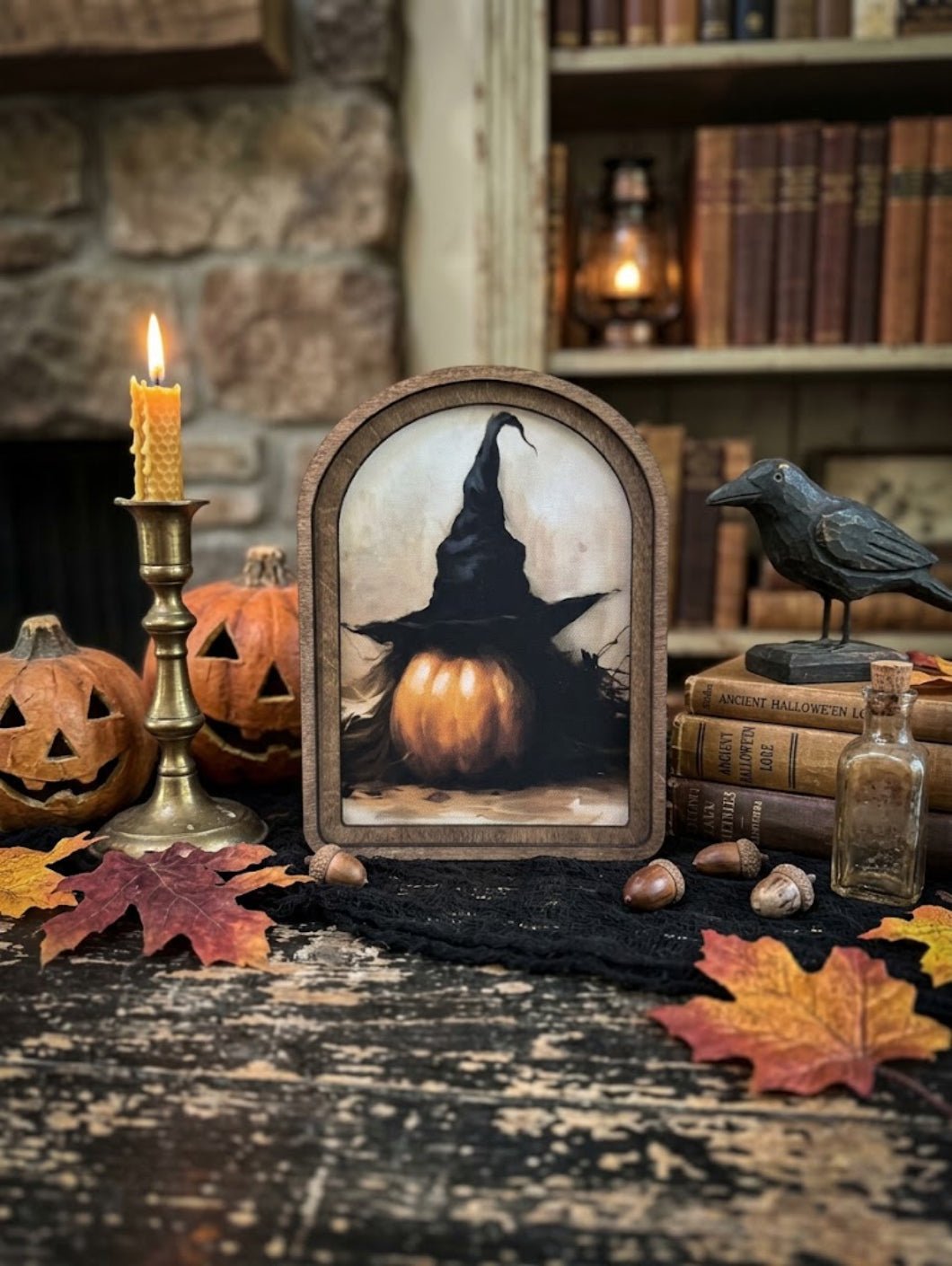 Handcrafted Retro 8" Canvas on Wood Arch Top Halloween Pumpkin Witch Hat Framed Art - The Primitive Pineapple Collection