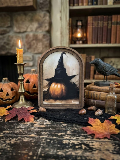 Handcrafted Retro 8" Canvas on Wood Arch Top Halloween Pumpkin Witch Hat Framed Art - The Primitive Pineapple Collection