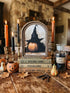 Handcrafted Retro 8" Canvas on Wood Arch Top Halloween Pumpkin Witch Hat Framed Art - The Primitive Pineapple Collection