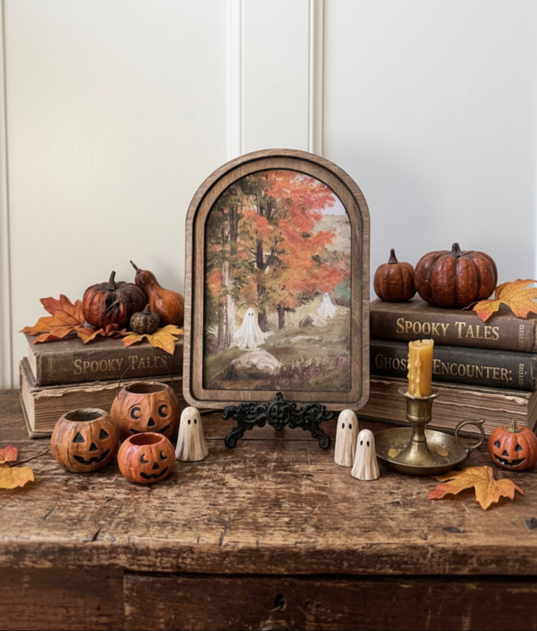Handcrafted Retro 8" Arch Top Halloween Ghosts in Fall Trees Framed Art